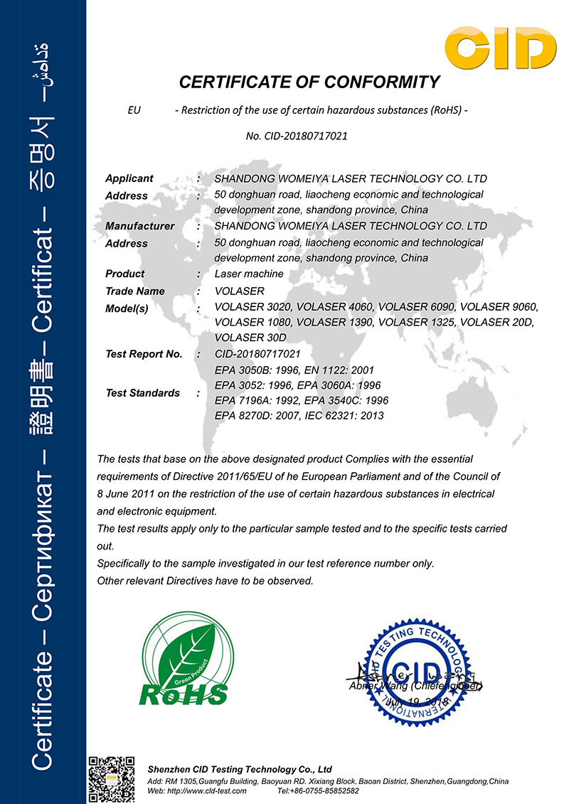 RoHS certificate of laser machine